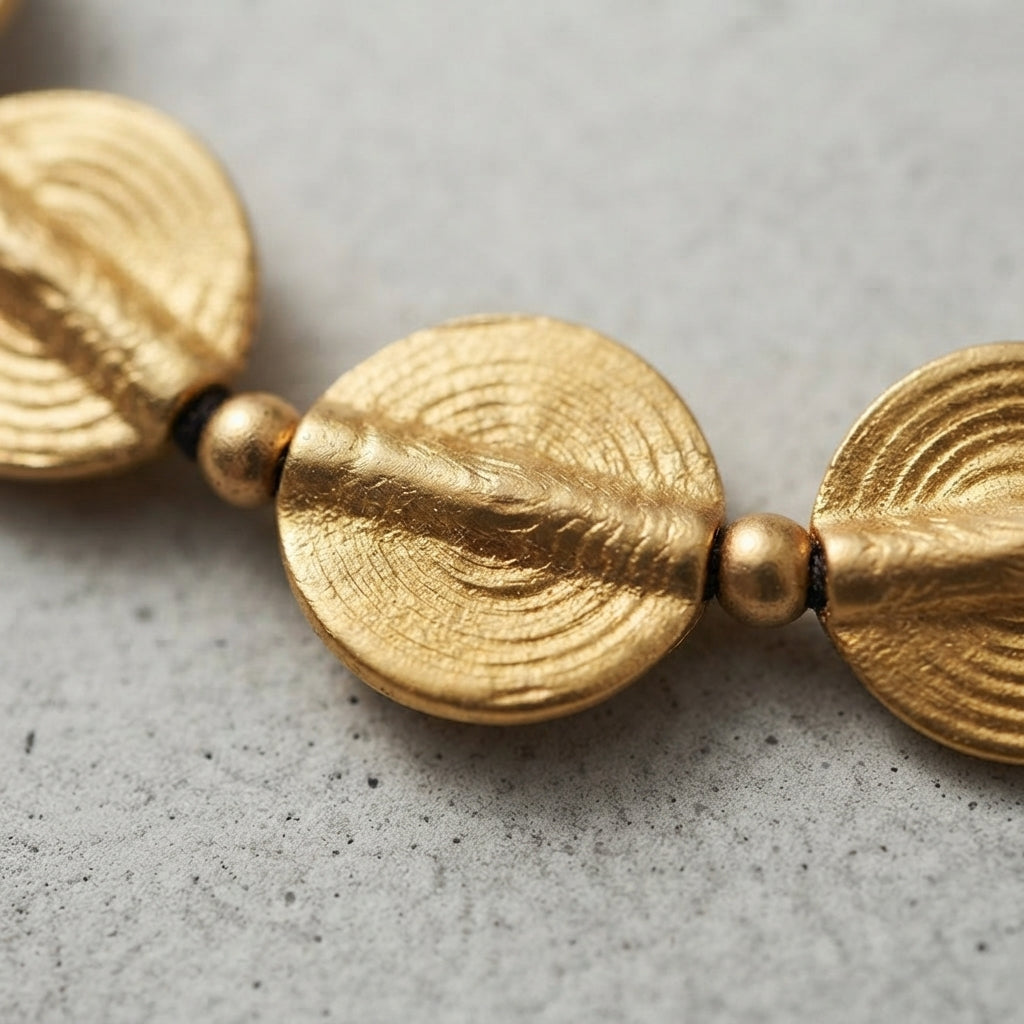 Sunburst Brass Disc Bracelet – Textured Artisan Beaded Bracelet