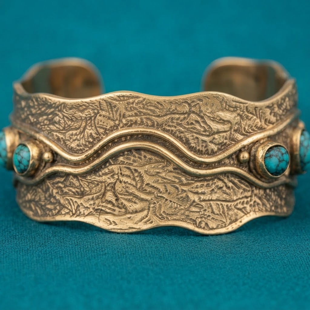 Turquoise Wave Brass Cuff – Artisan Statement Bracelet