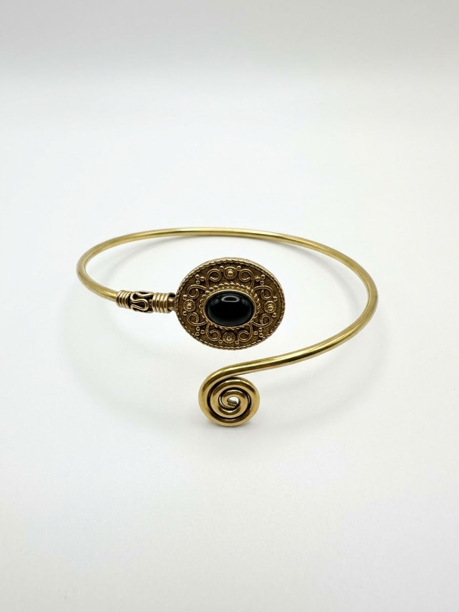 Vintage Filigree Brass Swirl Arm Cuff Bangle (Turquoise & Amethyst Crystals)