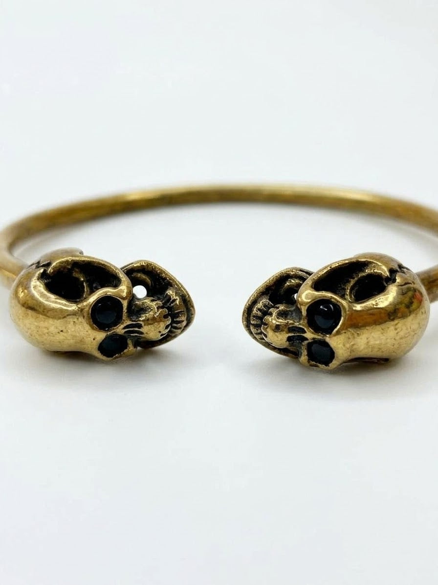 Vintage Brass Dual Skull Open Cuff Bangle