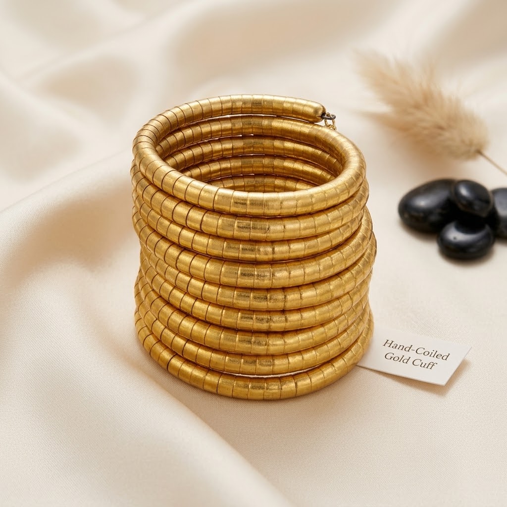 Golden Brass Coil Cuff Bracelet – Statement Stacked Bangle