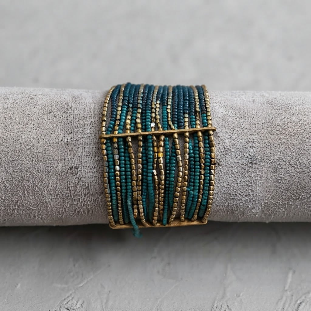 Artisan Beaded Cuff Bracelet – Brass & Crystal Beads