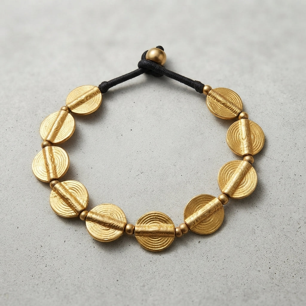 Sunburst Brass Disc Bracelet – Textured Artisan Beaded Bracelet