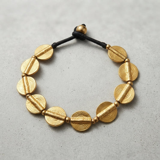 Sunburst Brass Disc Bracelet – Textured Artisan Beaded Bracelet