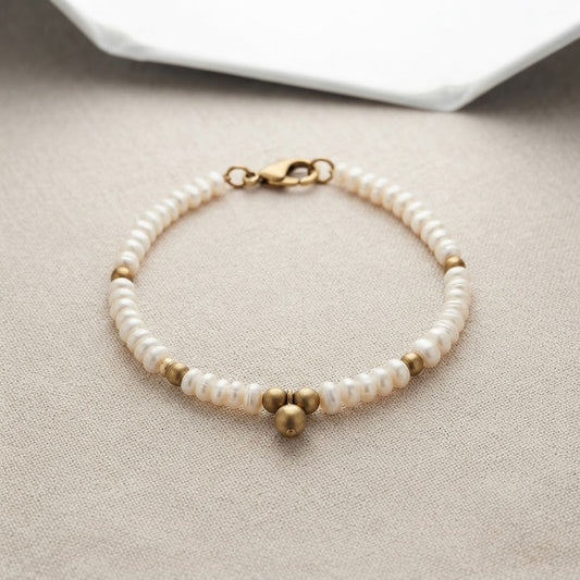 Pearl Glow Brass &amp; Real Pearl Bracelet – Elegant Beaded Bracelet