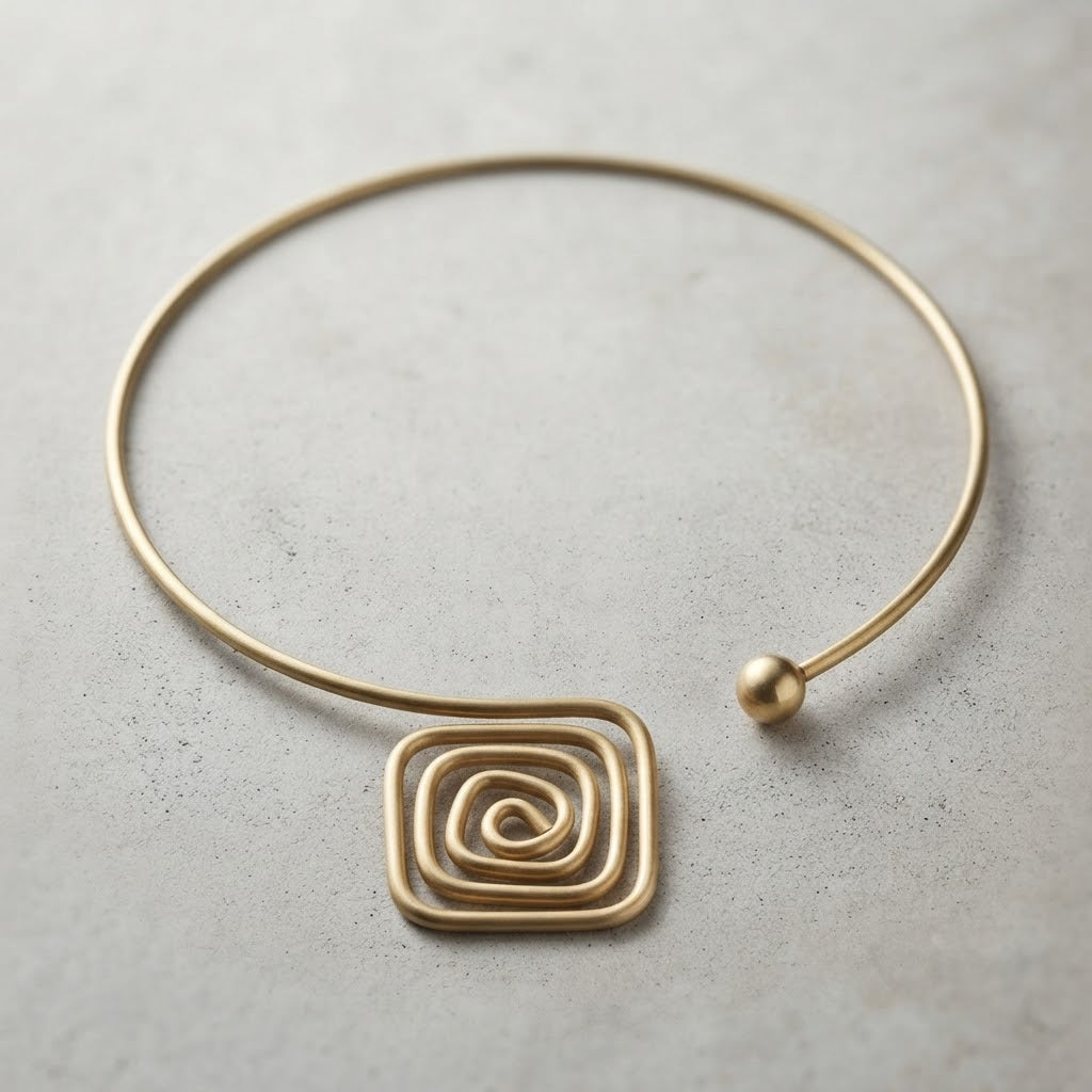 Solara Brass Spiral Necklace – Sculptural Geometric Statement Necklace