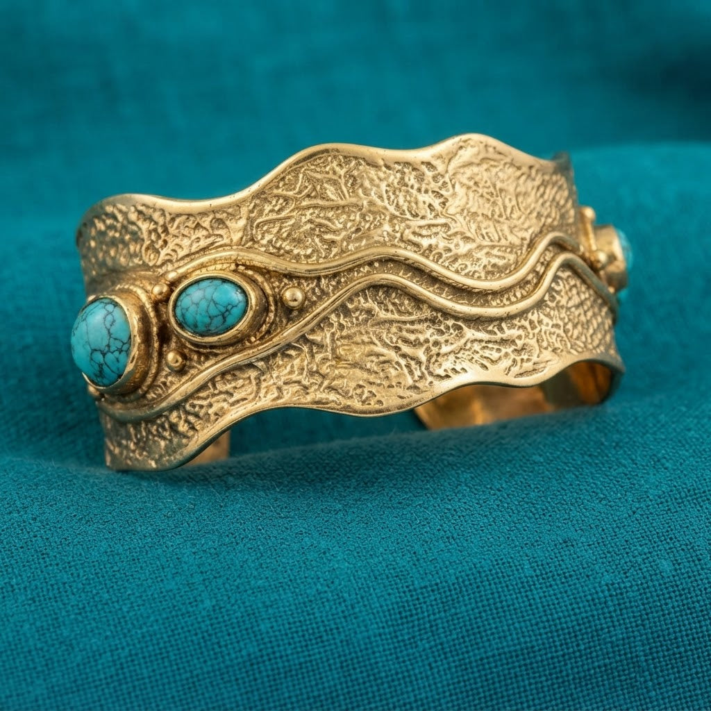 Turquoise Wave Brass Cuff – Artisan Statement Bracelet