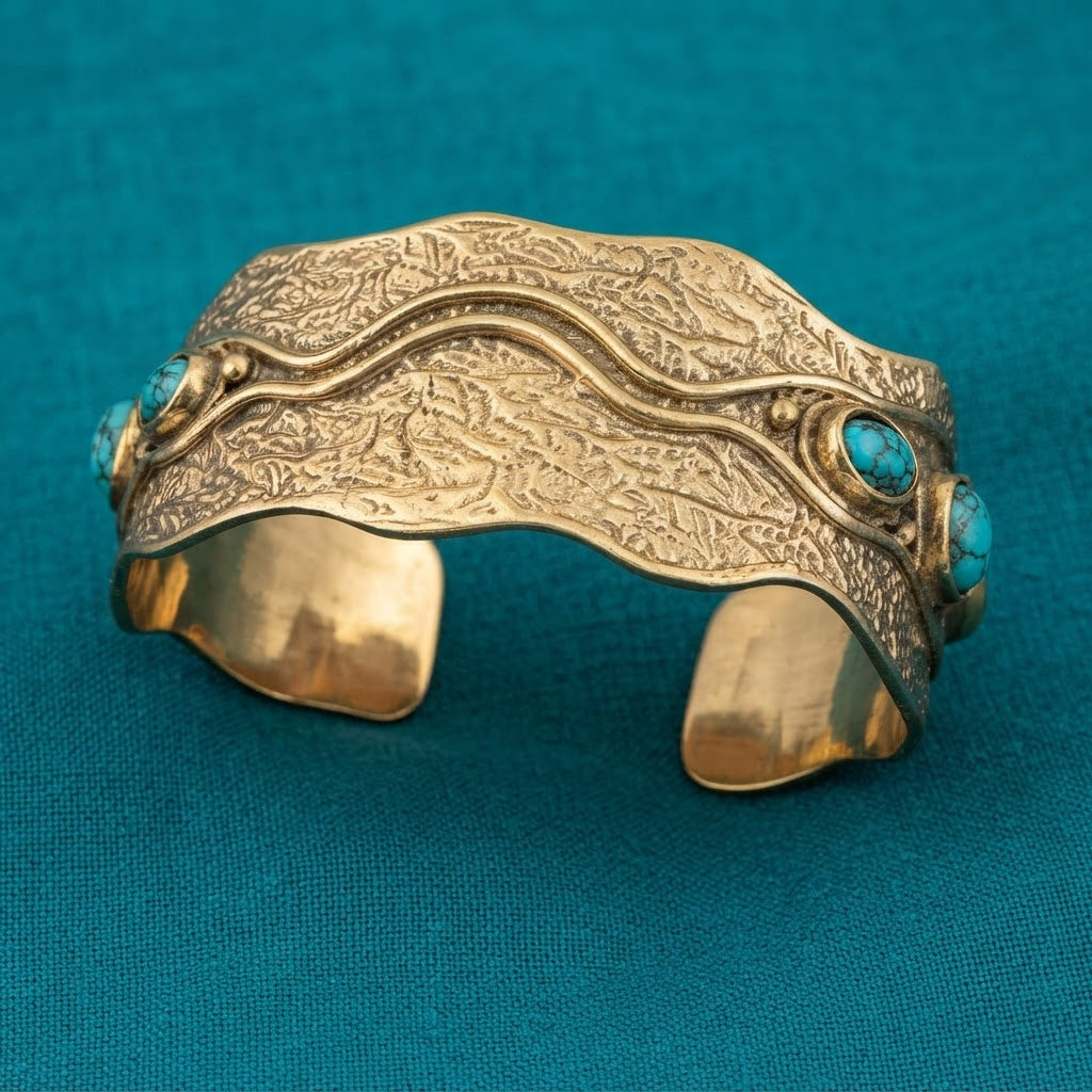 Turquoise Wave Brass Cuff – Artisan Statement Bracelet