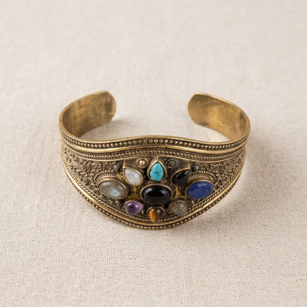 Heritage Stone Brass Cuff – Handcrafted Statement Bracelet