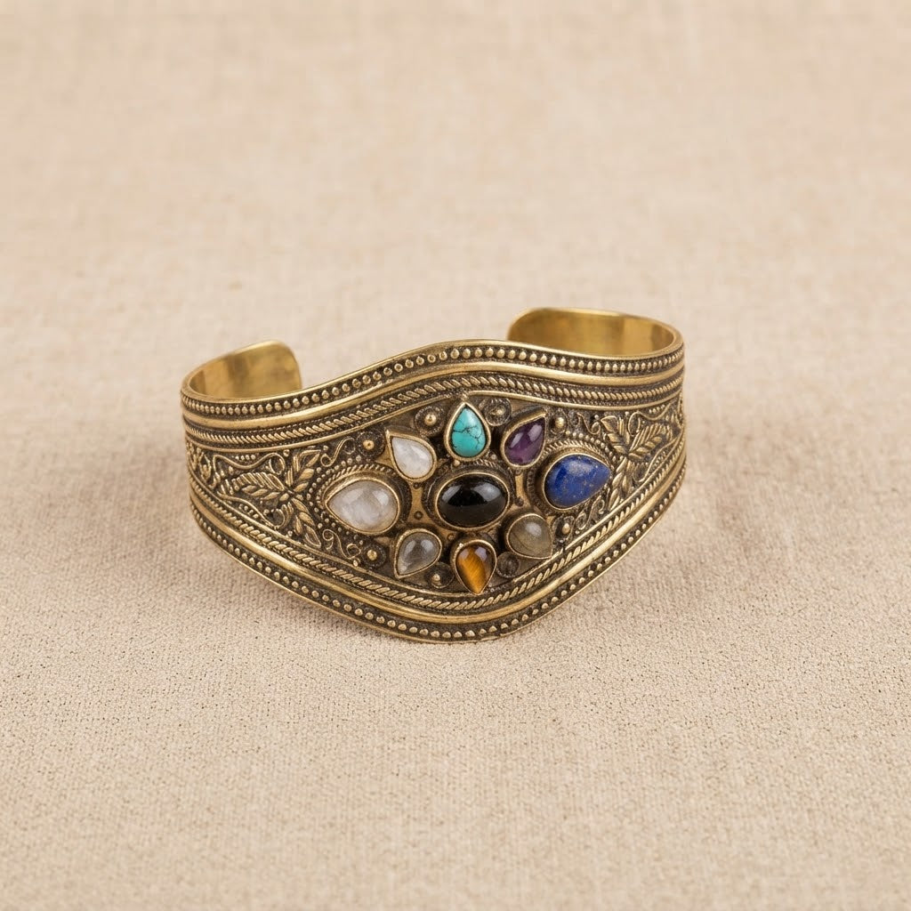 Heritage Stone Brass Cuff – Handcrafted Statement Bracelet