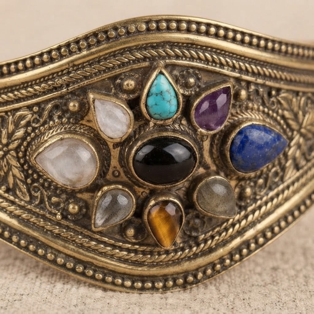 Heritage Stone Brass Cuff – Handcrafted Statement Bracelet