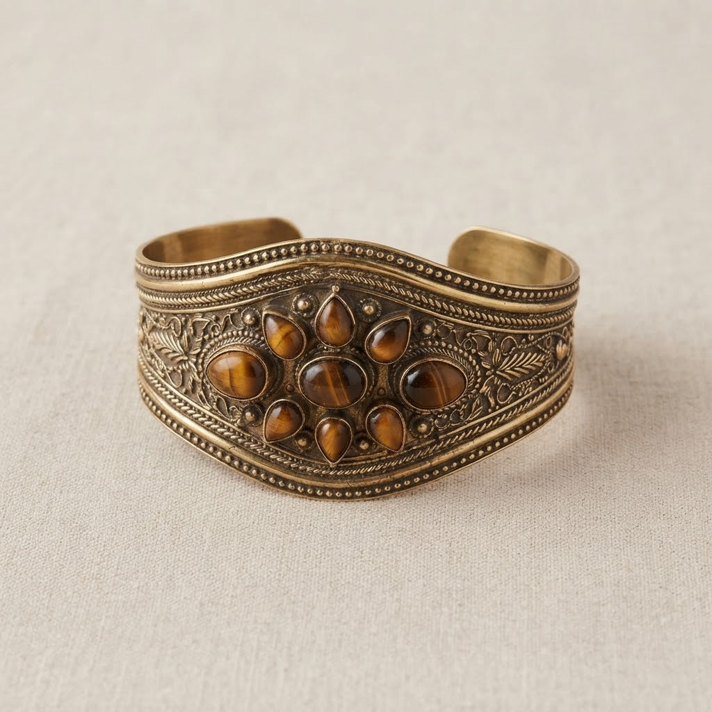 Heritage Stone Brass Cuff – Handcrafted Statement Bracelet