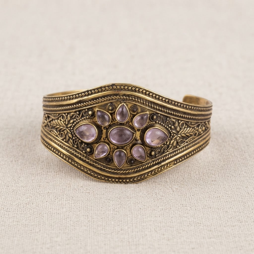 Heritage Stone Brass Cuff – Handcrafted Statement Bracelet
