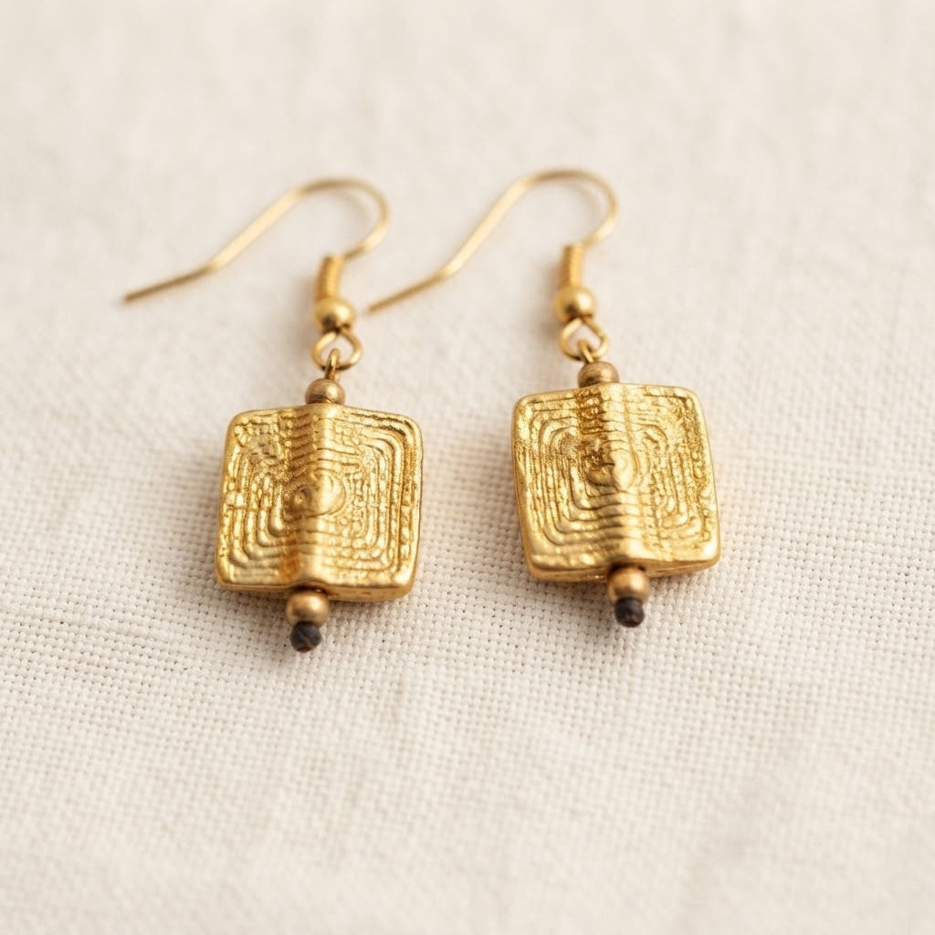 Brass Square Earrings – Textured Artisan Drop Earrings