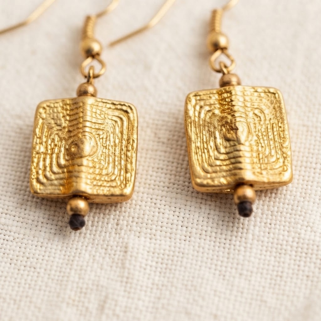 Brass Square Earrings – Textured Artisan Drop Earrings