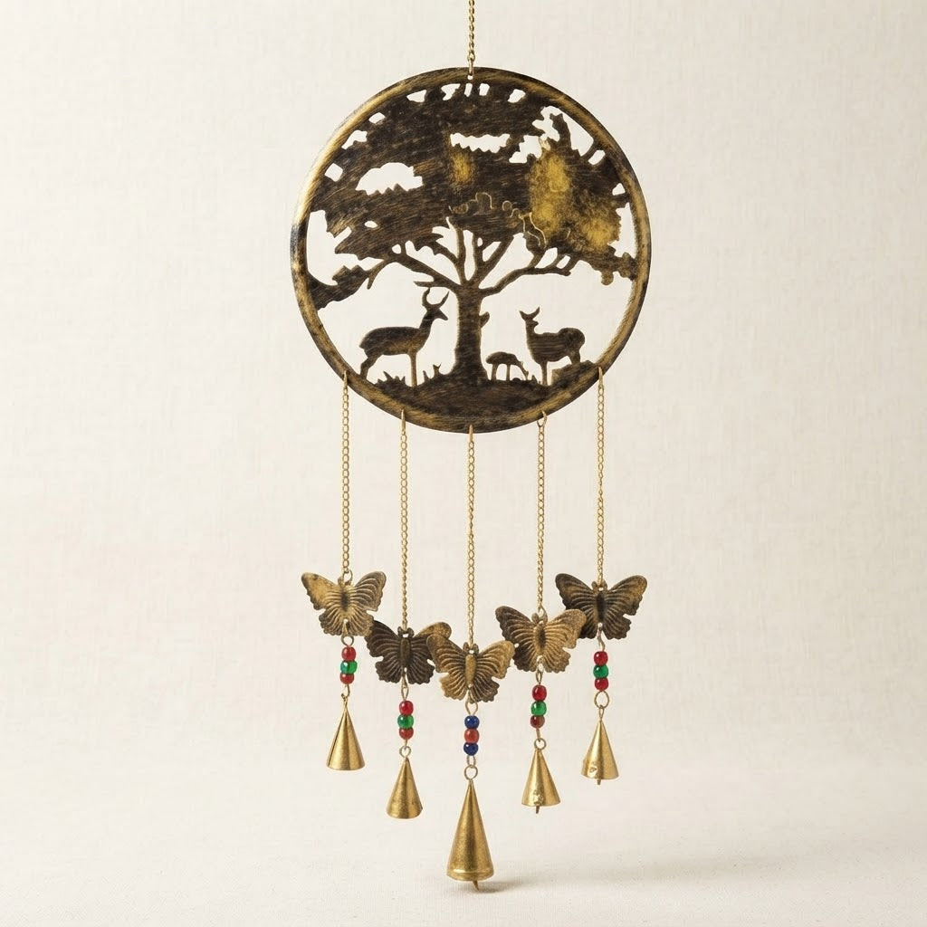 Forest Harmony Brass Wind Chime – Deer Butterfly Artisan Hanging Decor