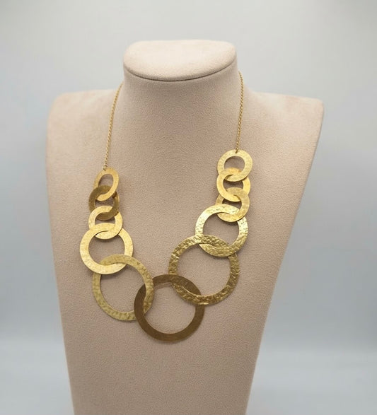 Hammered Brass Necklace – Interlocking Circle Statement Necklace