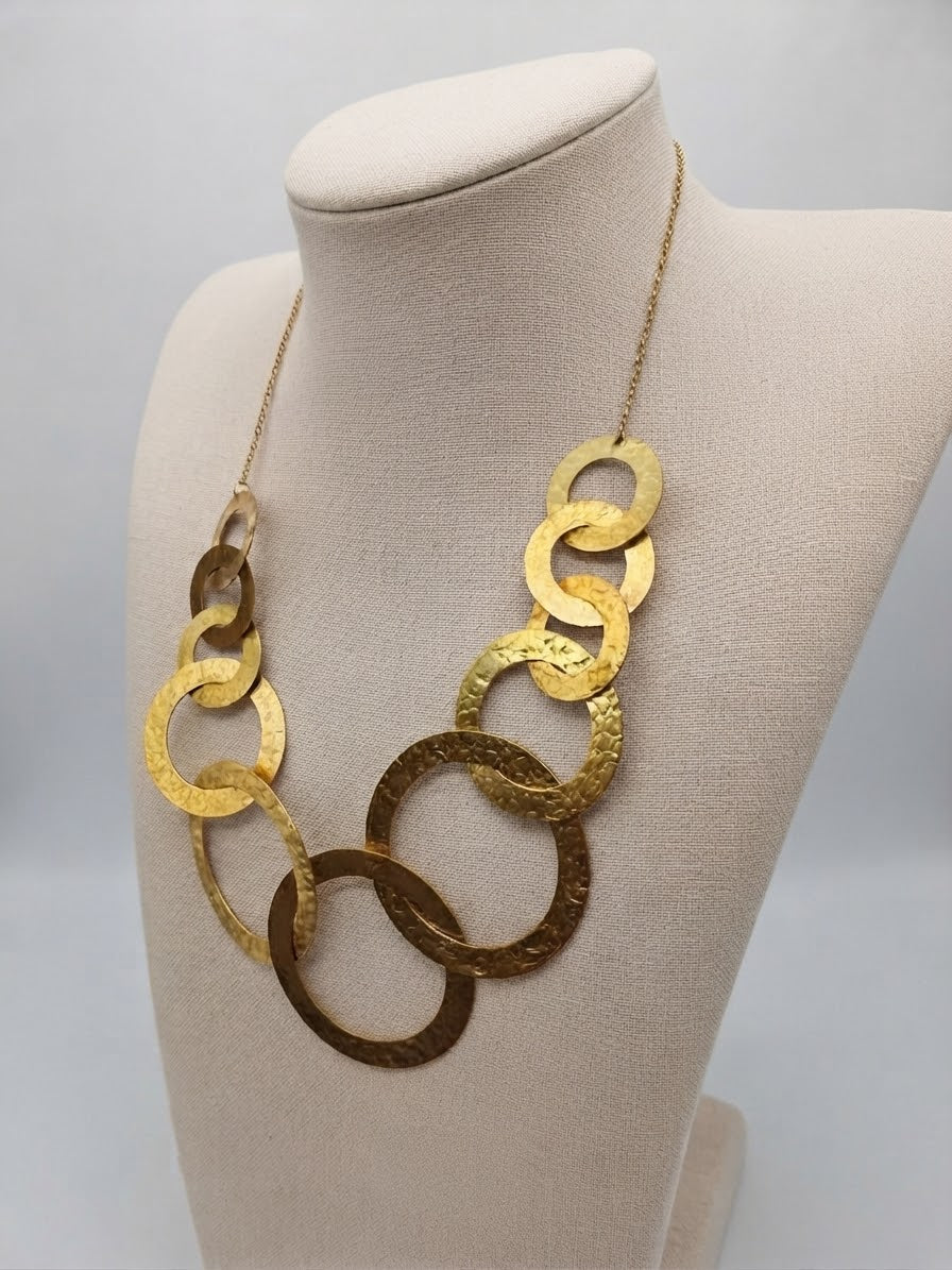Hammered Brass Necklace – Interlocking Circle Statement Necklace