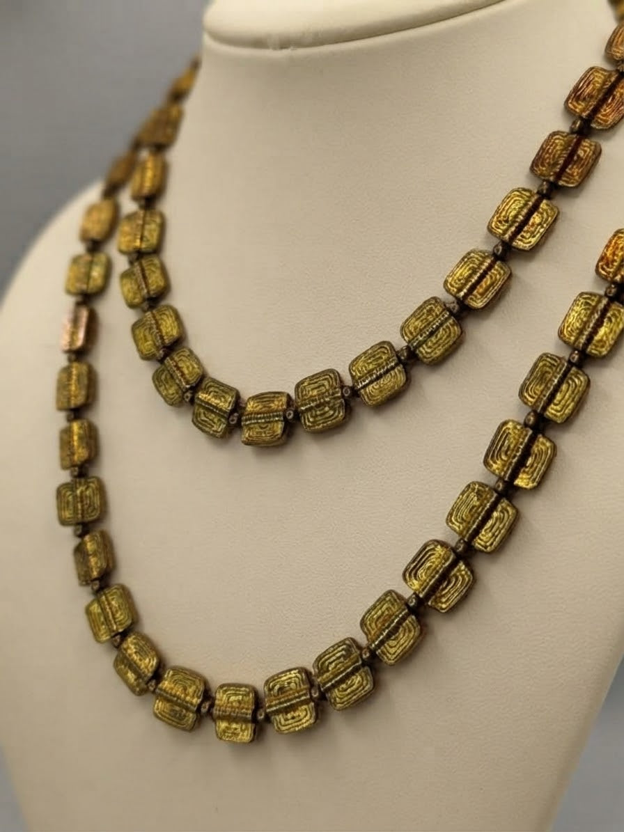 Artisanal Textured Brass Rectangular Bead Necklaces (Long Over-Stacked, Medium & Short Lengths)