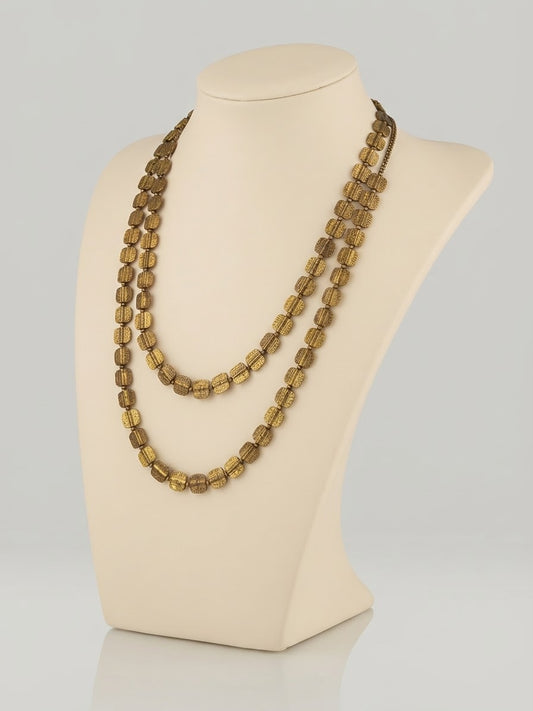Artisanal Textured Brass Rectangular Bead Necklaces (Long Over-Stacked, Medium & Short Lengths)