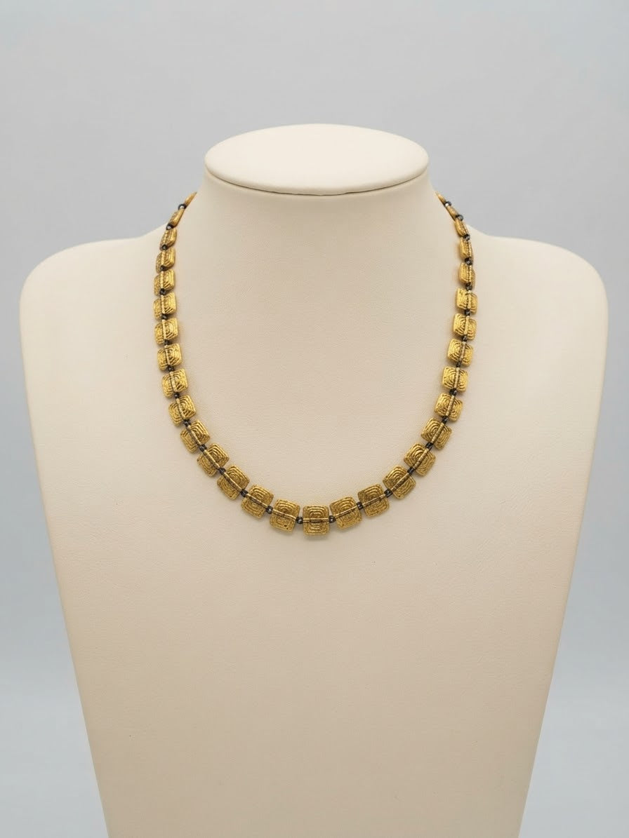 Artisanal Textured Brass Rectangular Bead Necklaces (Long Over-Stacked, Medium & Short Lengths)