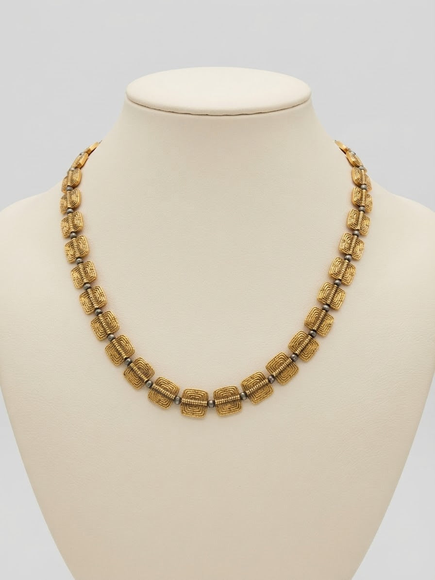 Artisanal Textured Brass Rectangular Bead Necklaces (Long Over-Stacked, Medium & Short Lengths)