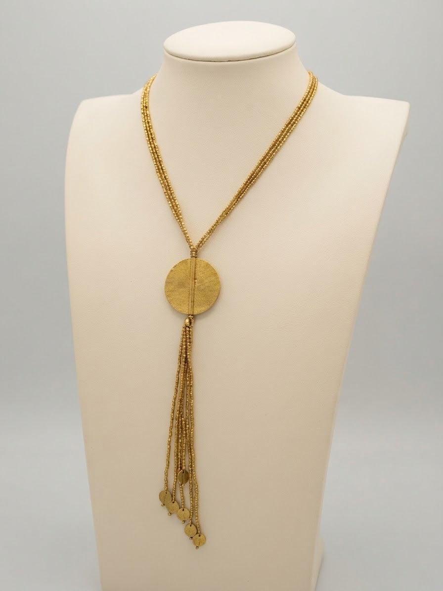Brass Disc & Beaded Tassel Lariat Necklace 