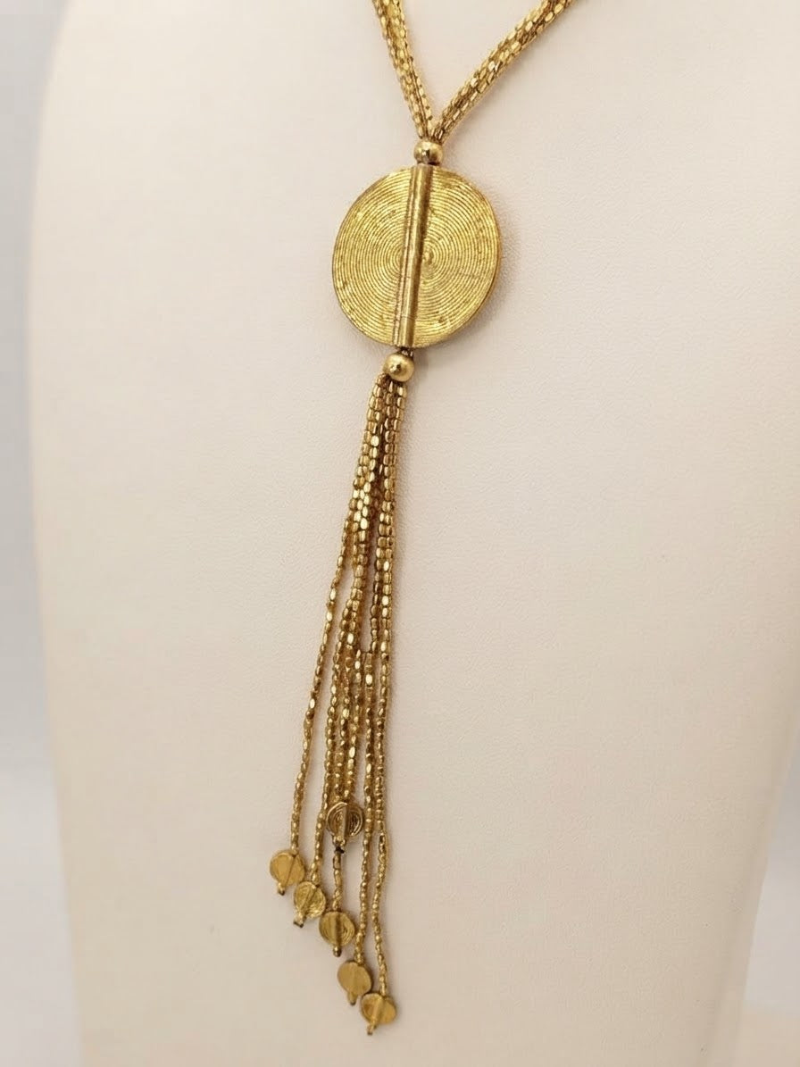 Brass Disc & Beaded Tassel Lariat Necklace 