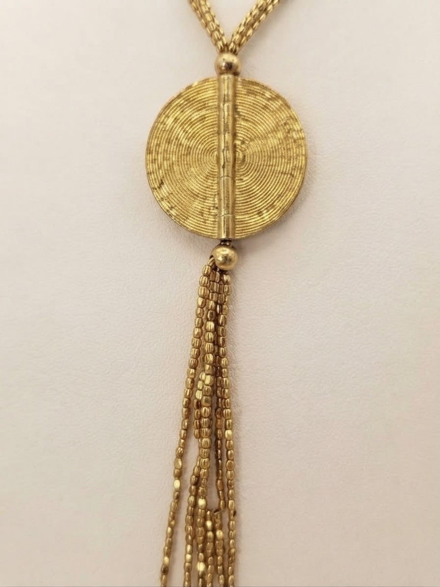 Brass Disc & Beaded Tassel Lariat Necklace 