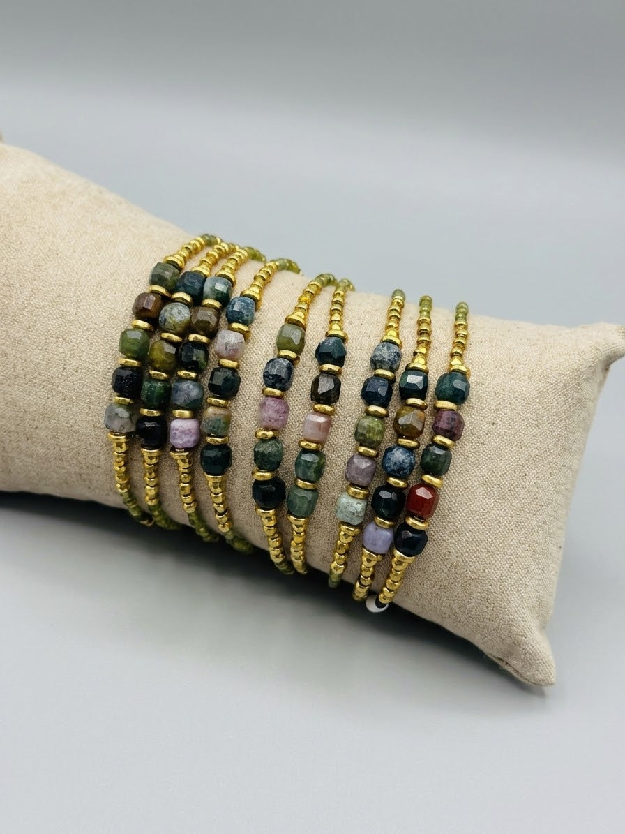 Faceted Genuine Crystal & Brass Beaded Bracelet (Green, White/Grey Options)