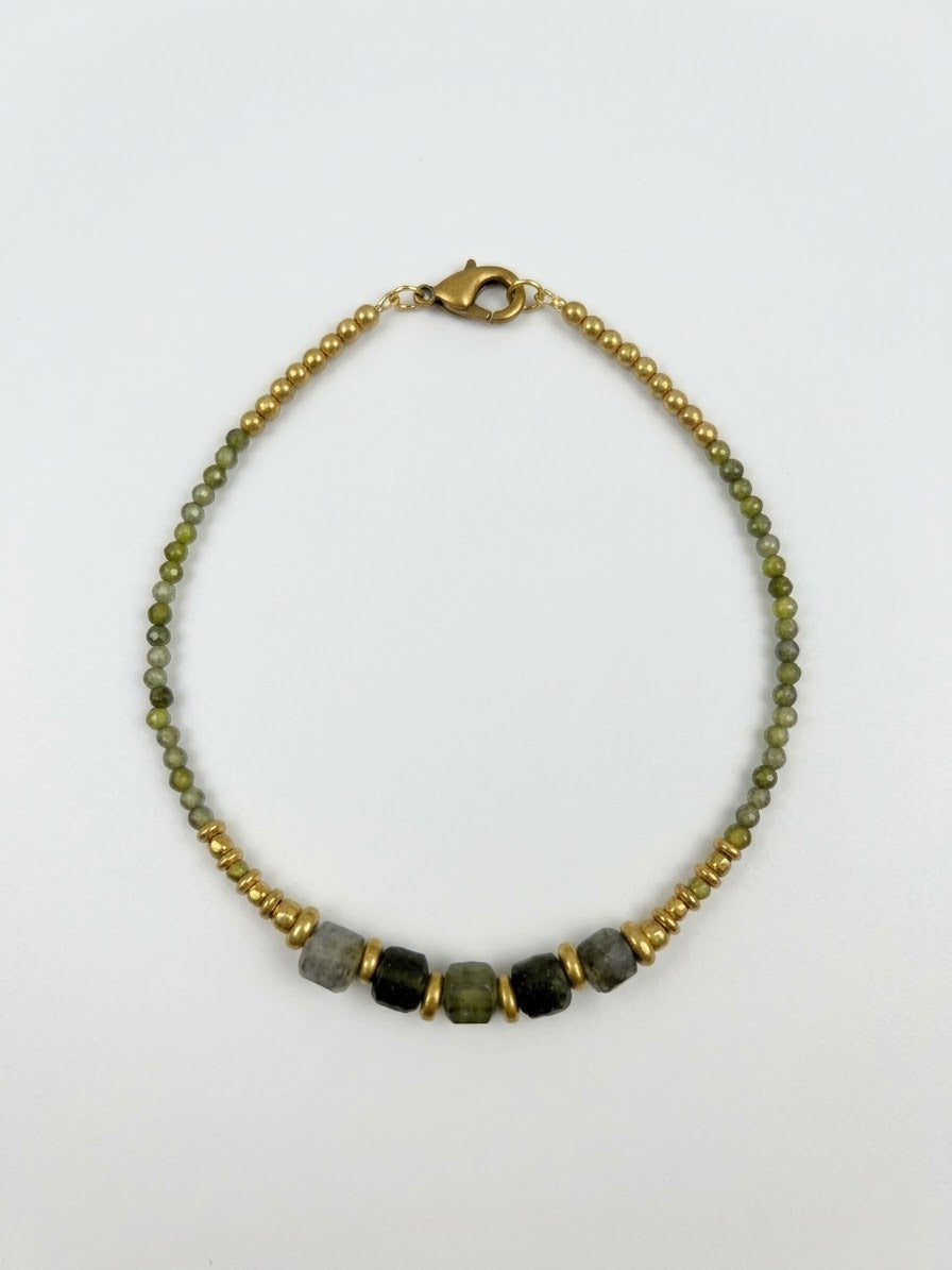 Faceted Genuine Crystal & Brass Beaded Bracelet (Green, White/Grey Options)
