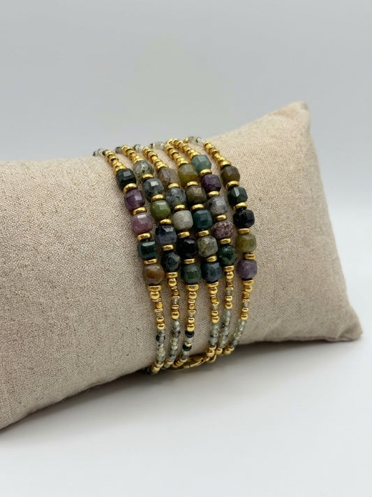 Faceted Genuine Crystal & Brass Beaded Bracelet (Green, White/Grey Options)