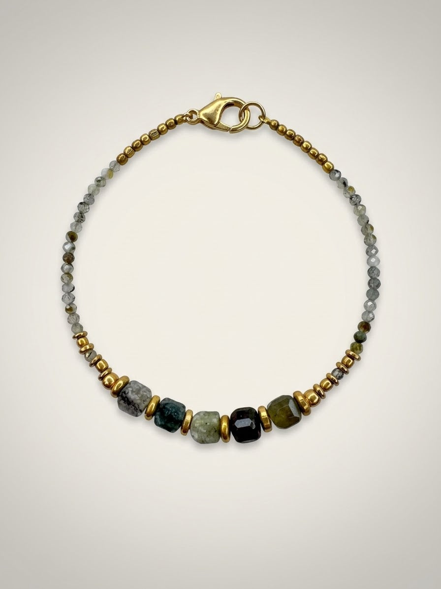 Faceted Genuine Crystal & Brass Beaded Bracelet (Green, White/Grey Options)