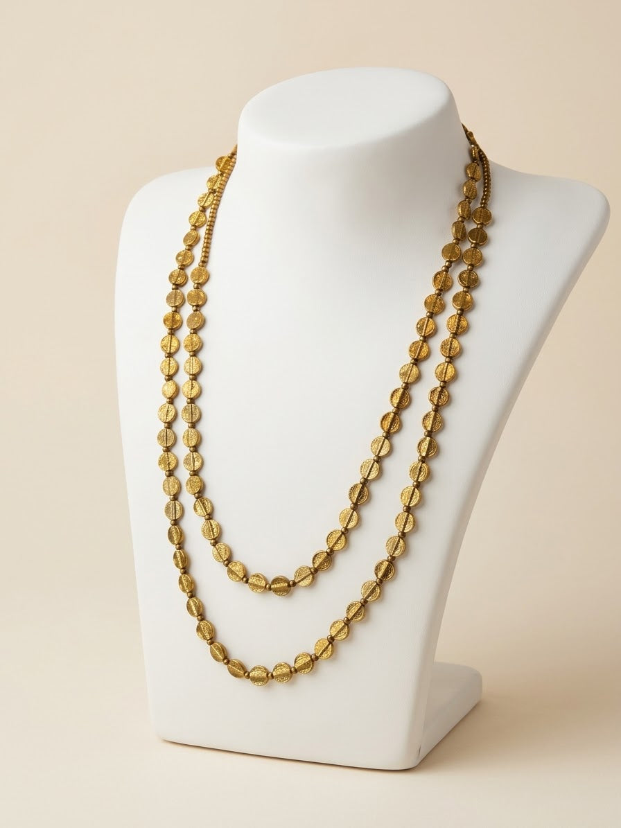 Small Brass Disc Bead Necklaces (Long Over-Stacked, Medium and Short Lengths)