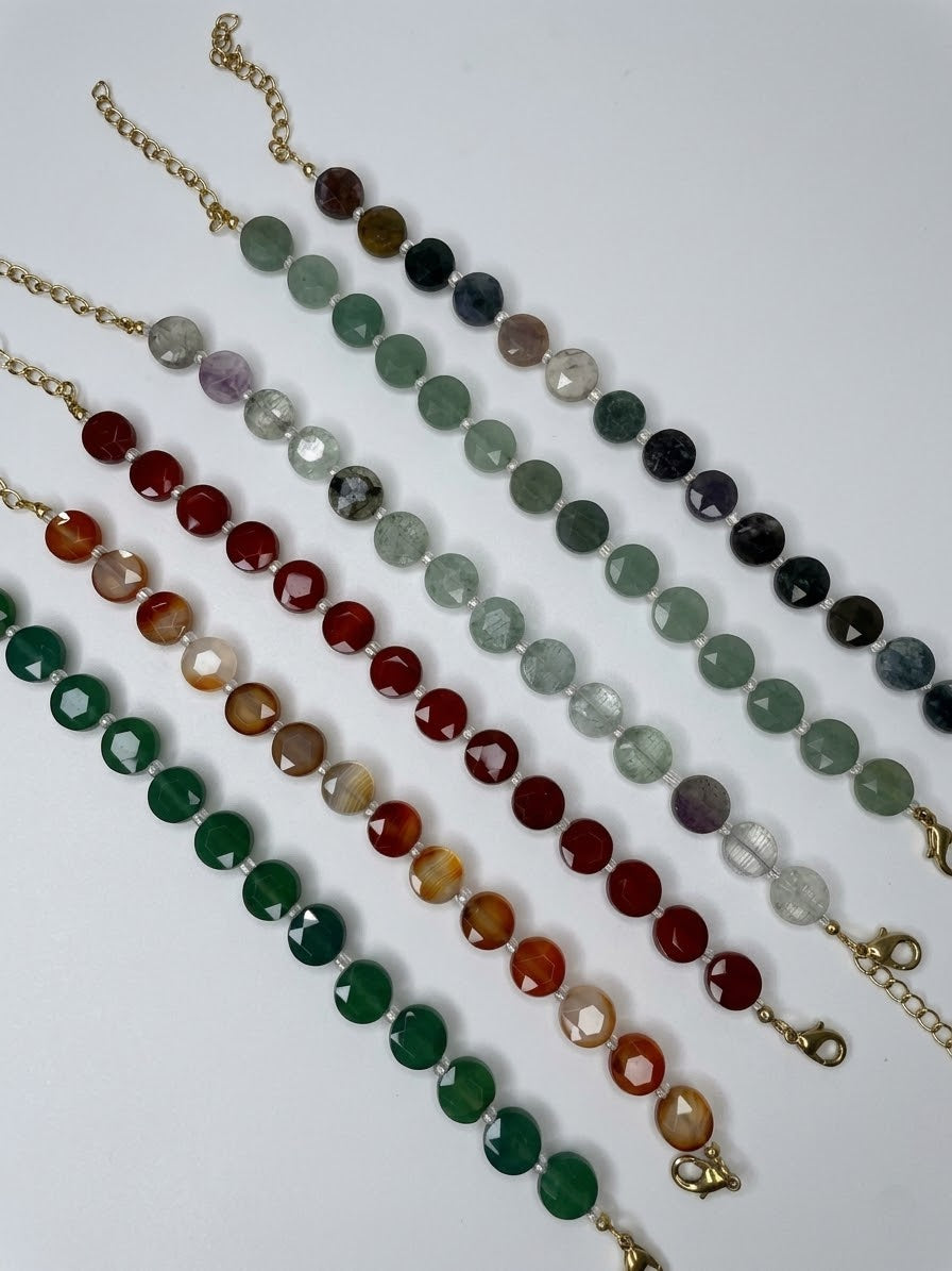 Natural Faceted Coin Crystal Bracelets (Gold Clasp Collection)