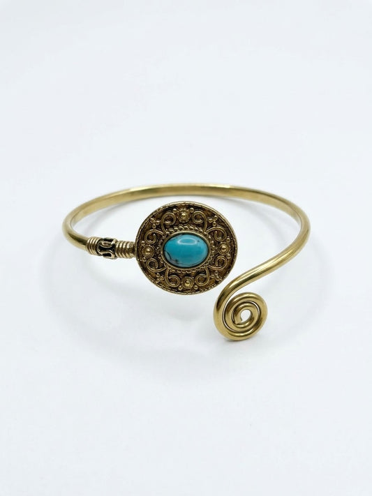 Vintage Filigree Brass Swirl Arm Cuff Bangle (Turquoise & Amethyst Crystals)