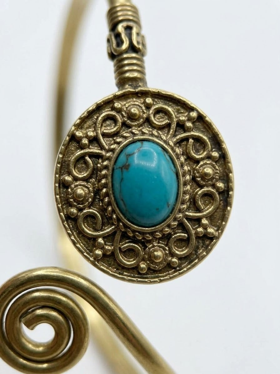 Vintage Filigree Brass Swirl Arm Cuff Bangle (Turquoise & Amethyst Crystals)