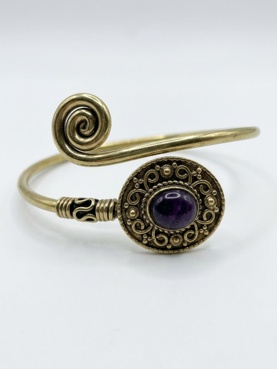 Vintage Filigree Brass Swirl Arm Cuff Bangle (Turquoise & Amethyst Crystals)