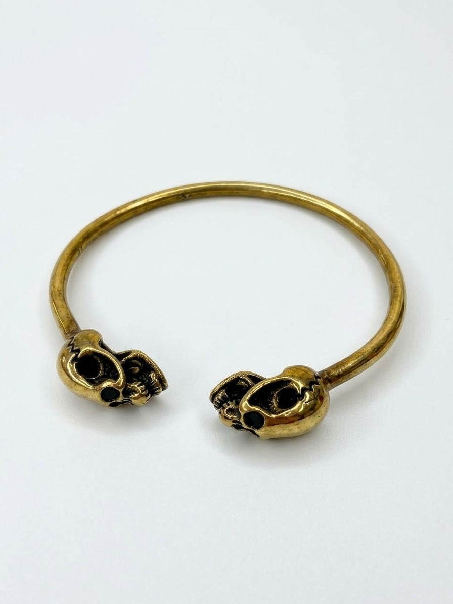 Vintage Brass Dual Skull Open Cuff Bangle