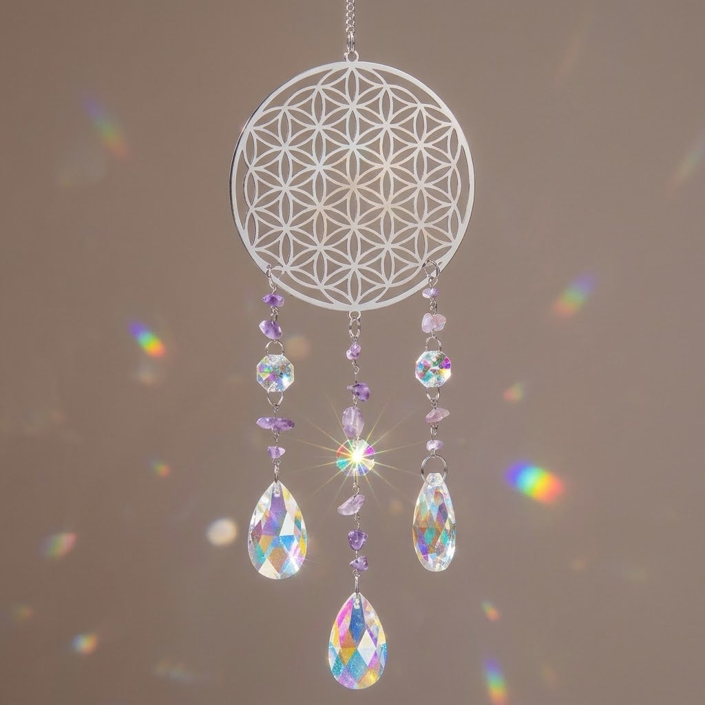 Flower of Life Amethyst Crystal Suncatcher Copper Metal